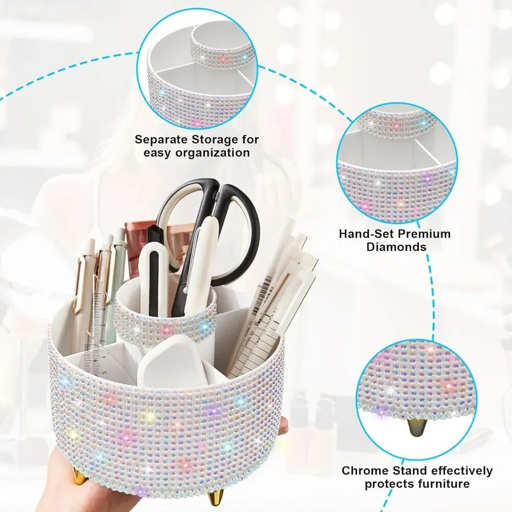 Diesisa 5Slot Makeup Brush Diamond White Cup 360° Rotating Makeup Brush Holder